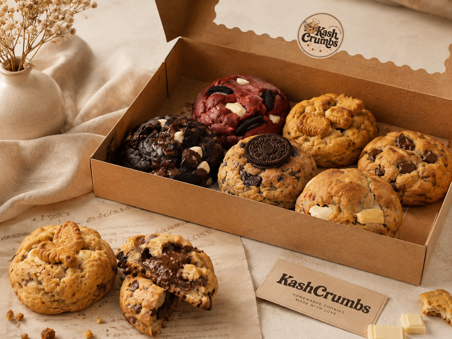 Assorted KashCrumbs cookies presented in a branded bakery box