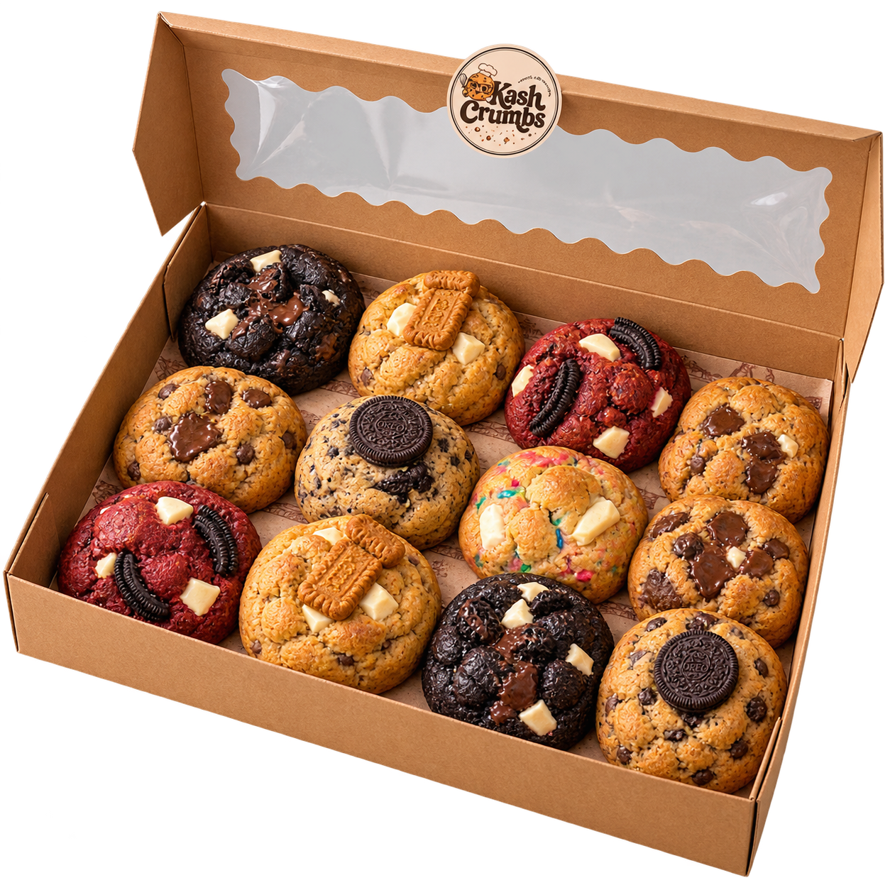 KashCrumbs box containing twelve assorted cookies