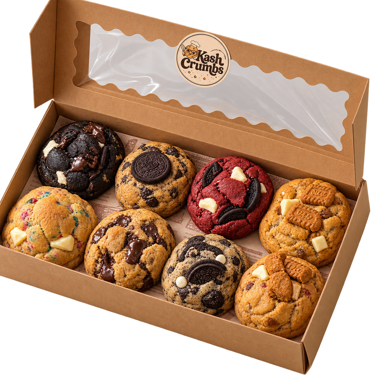 KashCrumbs box containing eight assorted cookies